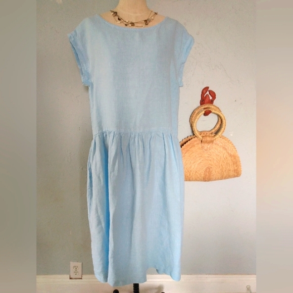 Nantucket Summer 100% Linen Sea Blue Beach Dress Classic House Picnic Cottage L - Picture 3 of 16